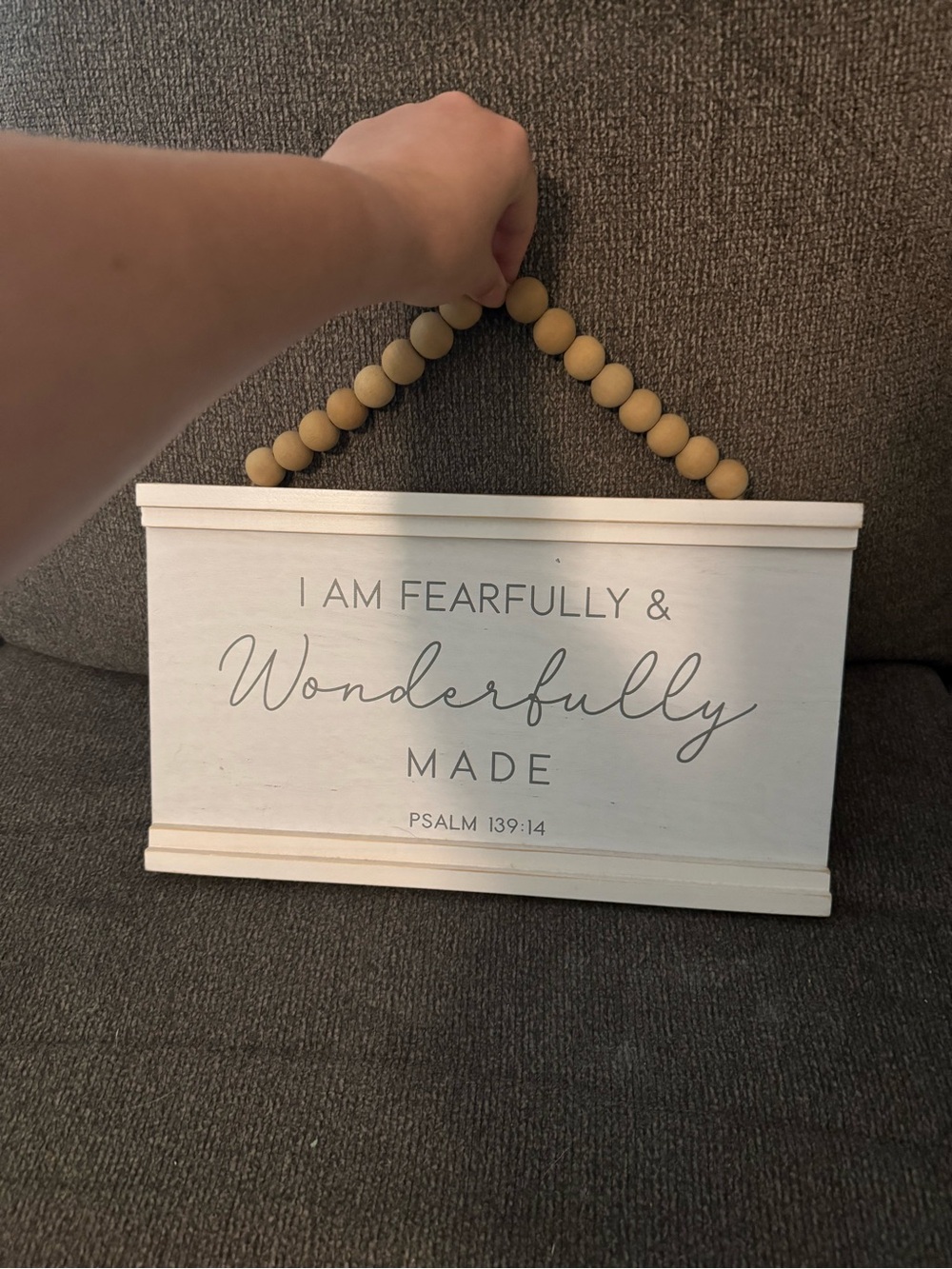 Fearfully & Wonderfully Made White Wall Sign with Wood Bead Hanger